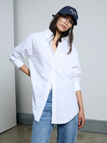 Oversized Button Front Long Sleeve Side Slit Collar Shirt