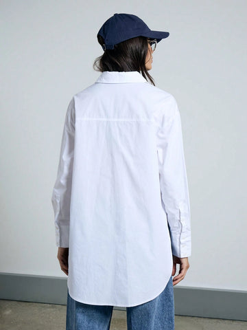 Oversized Button Front Long Sleeve Side Slit Collar Shirt