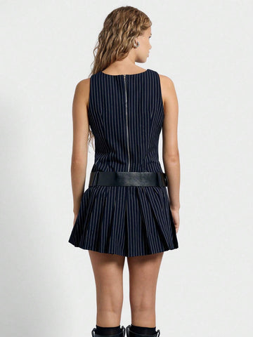 AiiRZ Pinstripe Drop Waist Fit And Flare V-Neck Sleeveless Short Mini Dress