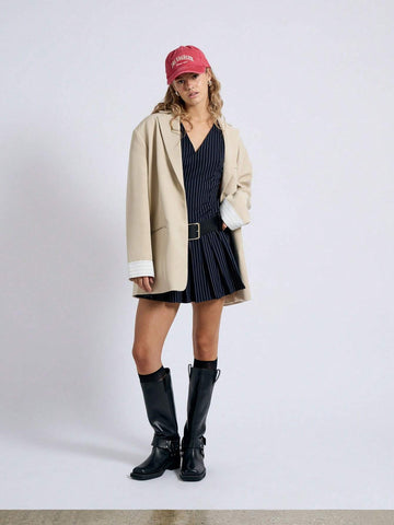 AiiRZ Pinstripe Drop Waist Fit And Flare V-Neck Sleeveless Short Mini Dress