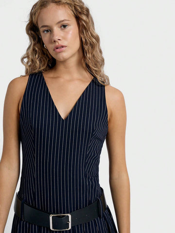 AiiRZ Pinstripe Drop Waist Fit And Flare V-Neck Sleeveless Short Mini Dress
