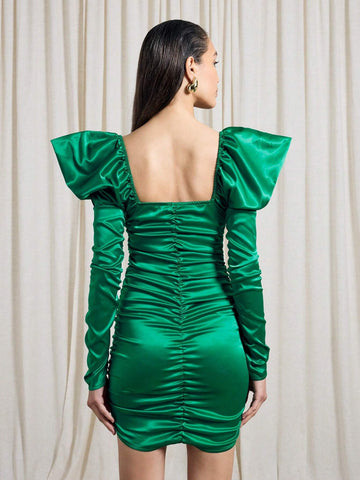 AiiRZ Satin Princess Sleeve Sweetheart Neck Ruched Mini Dress