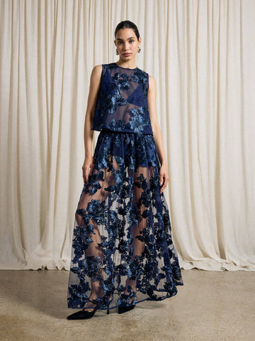 AiiRZ Sheer Flower Volume Maxi Skirt