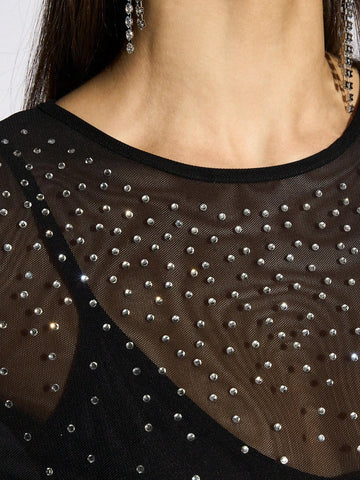 AiiRZ Sheer Rhinestone Long Sleeve Unitard