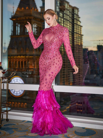 Akira Long Sleeve Rhinestone Feather Maxi Dress