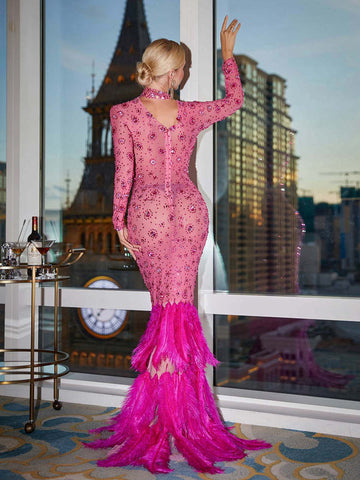Akira Long Sleeve Rhinestone Feather Maxi Dress