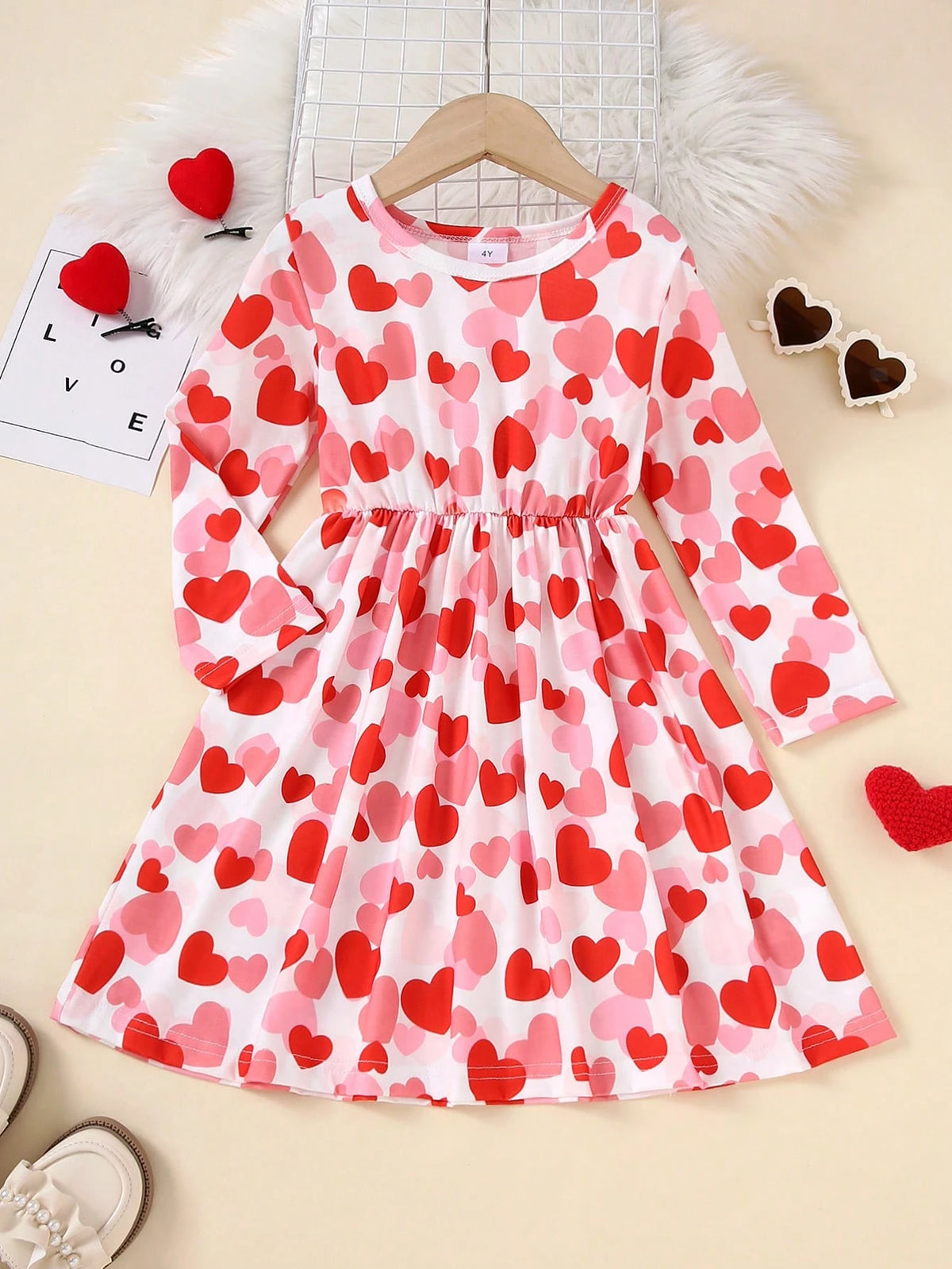 All-Over Heart Print Long Sleeve Round Neck Dress, Spring/Summer
