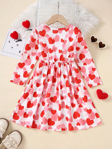 All-Over Heart Print Long Sleeve Round Neck Dress, Spring/Summer