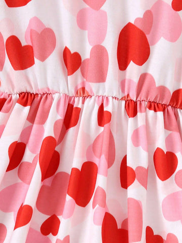 All-Over Heart Print Long Sleeve Round Neck Dress, Spring/Summer