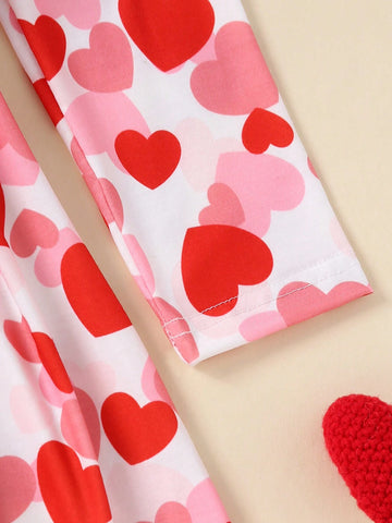 All-Over Heart Print Long Sleeve Round Neck Dress, Spring/Summer