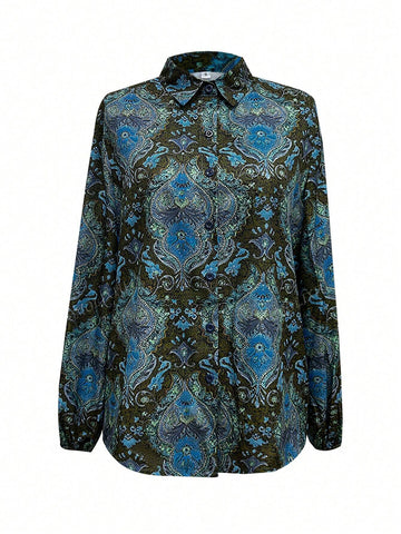 All-Over Print Front Button Casual Long Sleeve Shirt