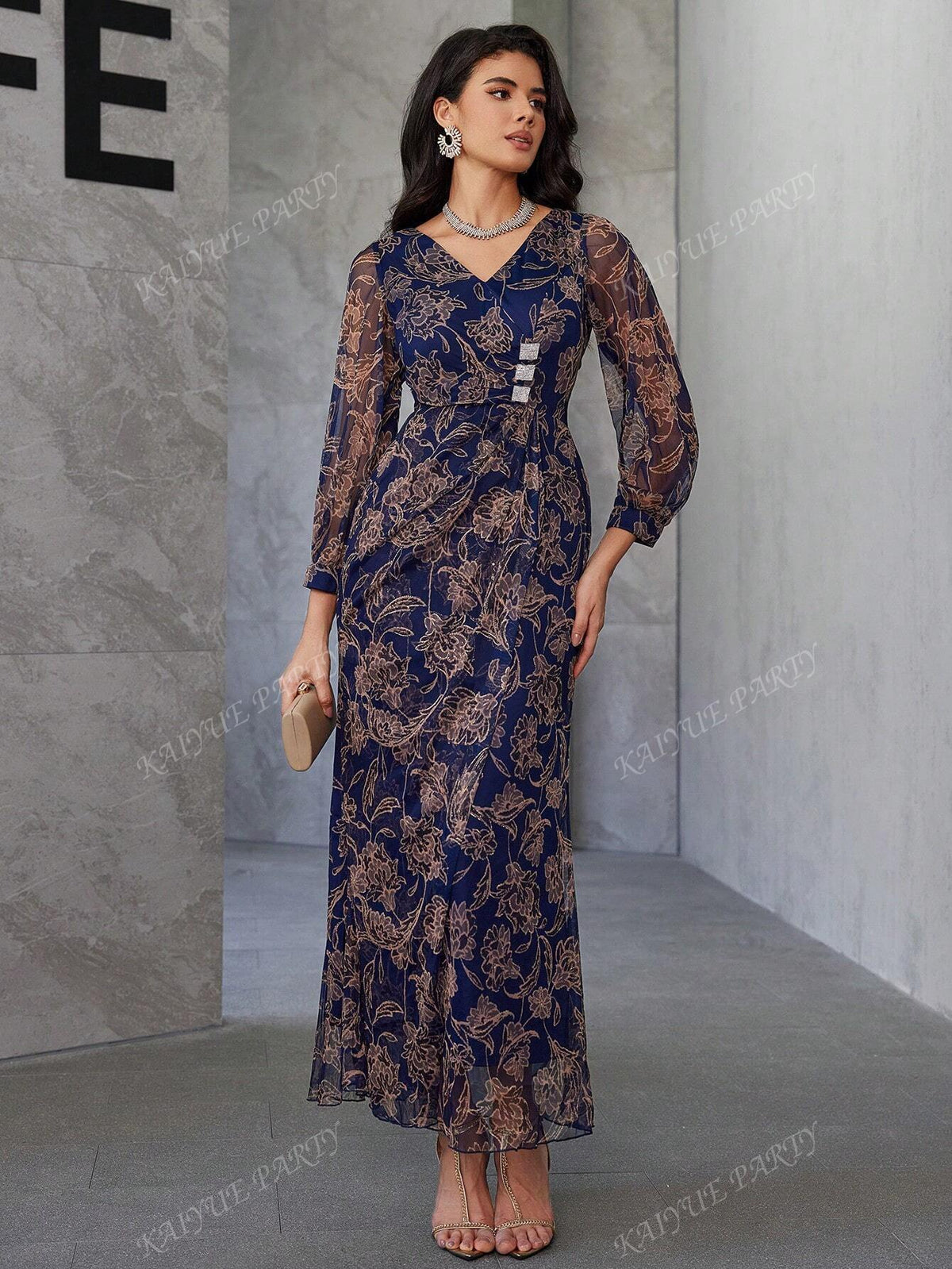 Allover Floral Print Surplice Neck Lantern Sleeve Dress