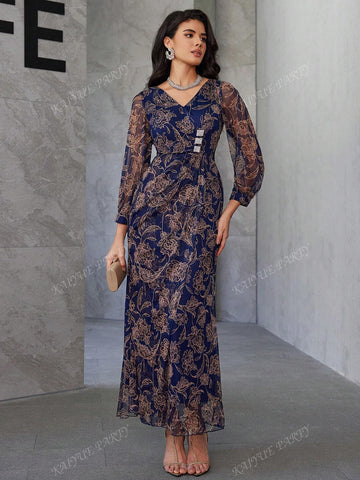 Allover Floral Print Surplice Neck Lantern Sleeve Dress