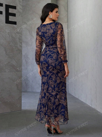 Allover Floral Print Surplice Neck Lantern Sleeve Dress