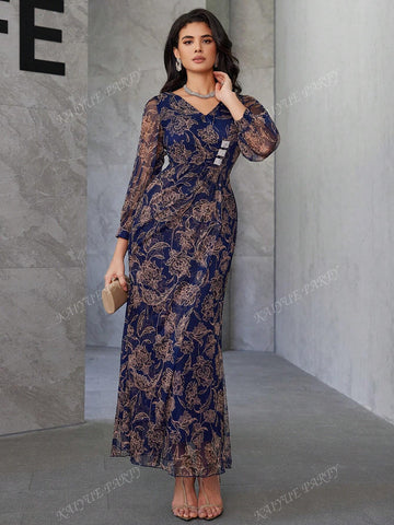 Allover Floral Print Surplice Neck Lantern Sleeve Dress