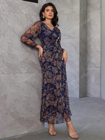 Allover Floral Print Surplice Neck Lantern Sleeve Dress