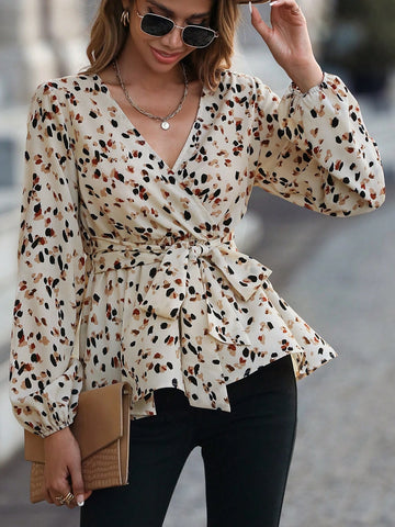 Allover Print Lantern Sleeve Belted Peplum Blouse