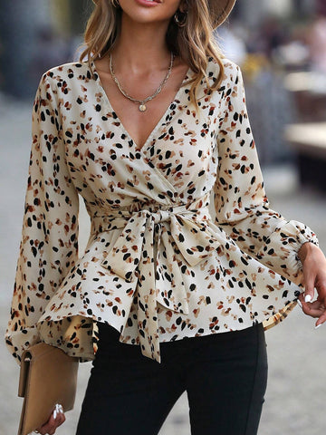 Allover Print Lantern Sleeve Belted Peplum Blouse