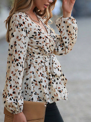 Allover Print Lantern Sleeve Belted Peplum Blouse