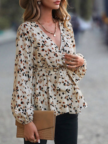 Allover Print Lantern Sleeve Belted Peplum Blouse