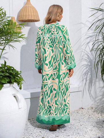 Allover Print Notched Neckline Dress