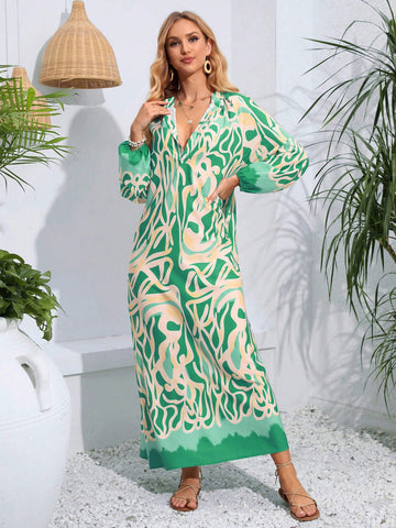 Allover Print Notched Neckline Dress