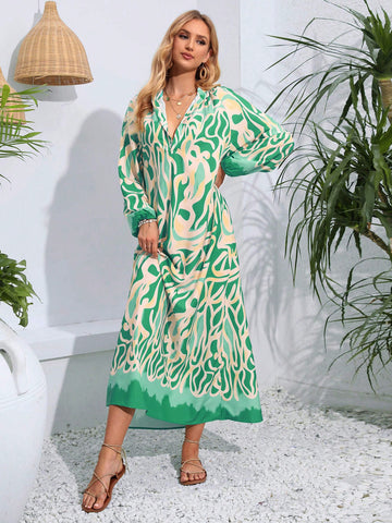 Allover Print Notched Neckline Dress