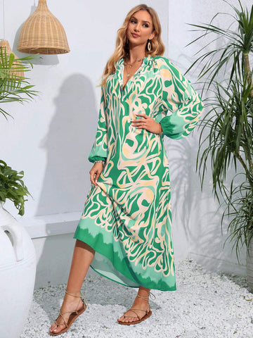 Allover Print Notched Neckline Dress