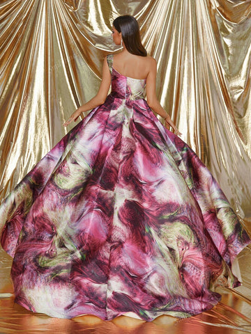 Allover Print One Shoulder Split Thigh Formal Dress