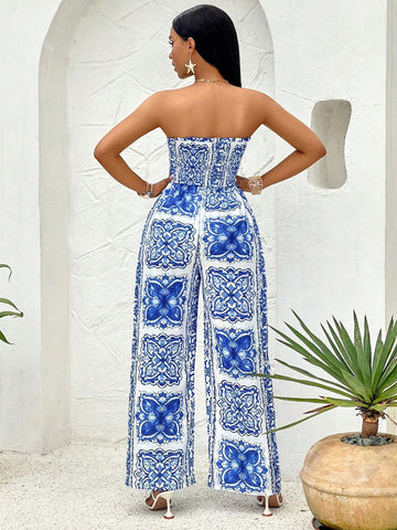 Allover Print Tube Wide Leg Jumpsuit (Random Print)