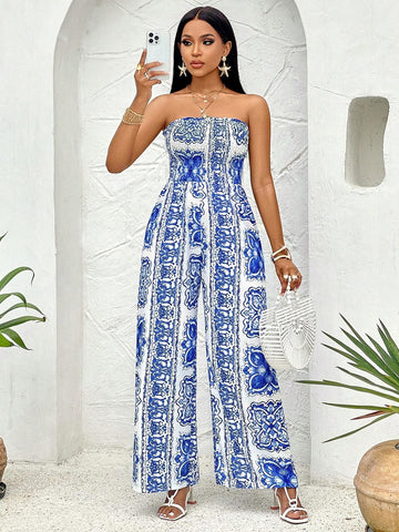 Allover Print Tube Wide Leg Jumpsuit (Random Print)