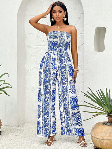 Allover Print Tube Wide Leg Jumpsuit (Random Print)