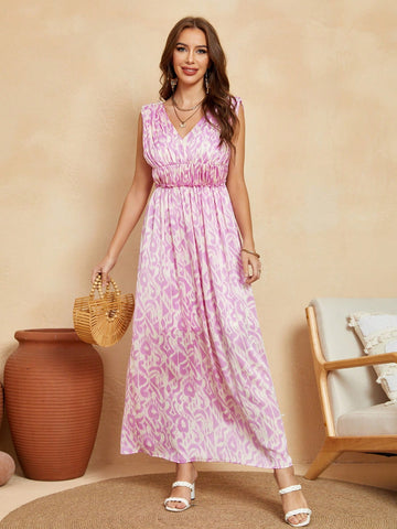 Allover Print V Neck Dress