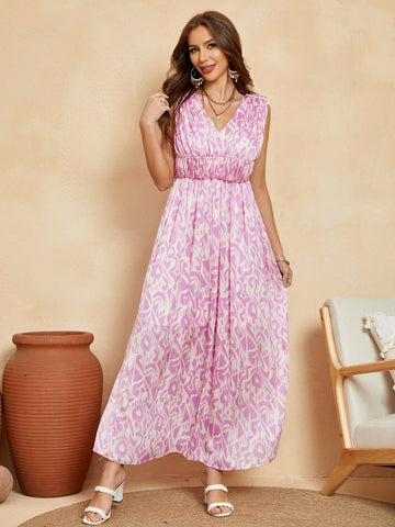 Allover Print V Neck Dress