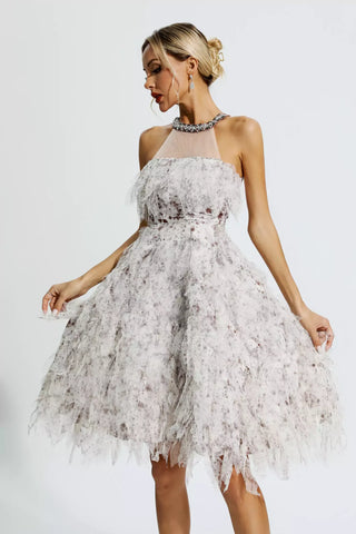 Alma Coffee Sleeveless Floral Diamond Dress