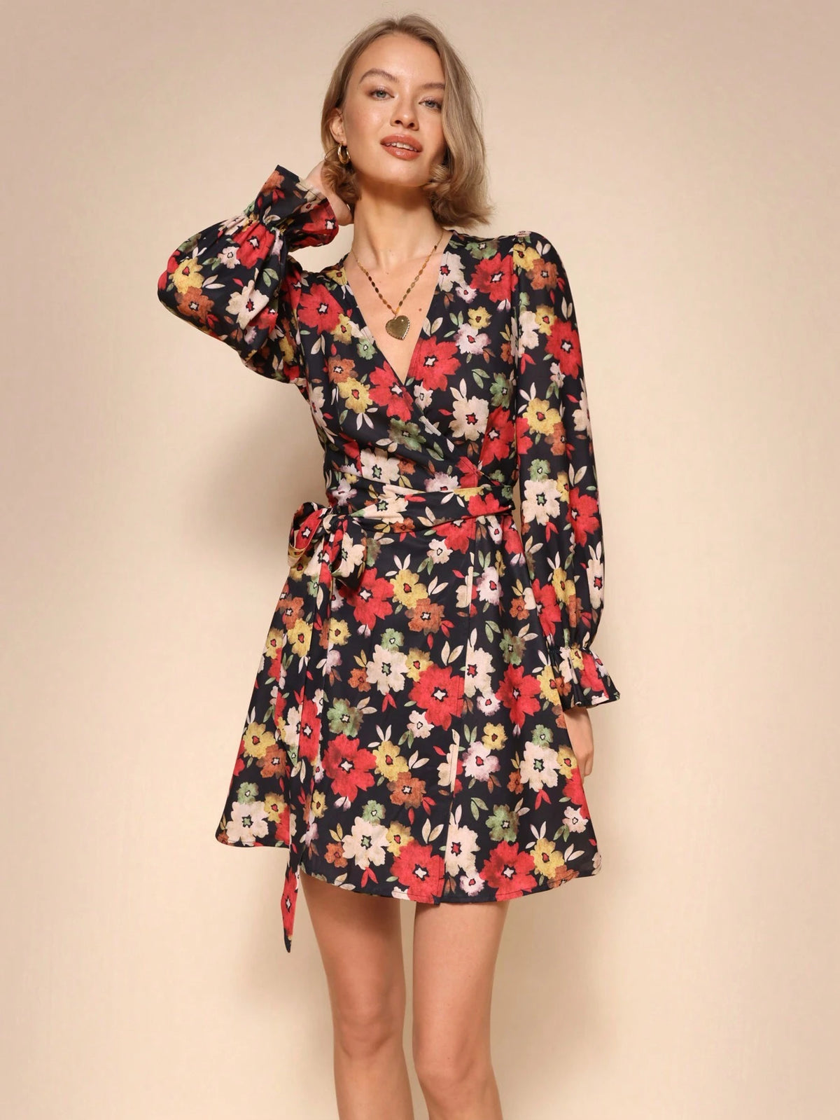 Almamuse 1pc Black Elegant Long Sleeve Vintage Print Open Front Tie Waist Dress