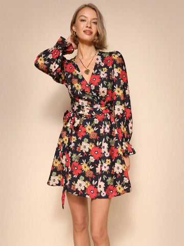 Almamuse 1pc Black Elegant Long Sleeve Vintage Print Open Front Tie Waist Dress