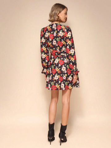 Almamuse 1pc Black Elegant Long Sleeve Vintage Print Open Front Tie Waist Dress