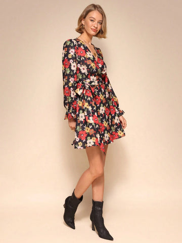 Almamuse 1pc Black Elegant Long Sleeve Vintage Print Open Front Tie Waist Dress