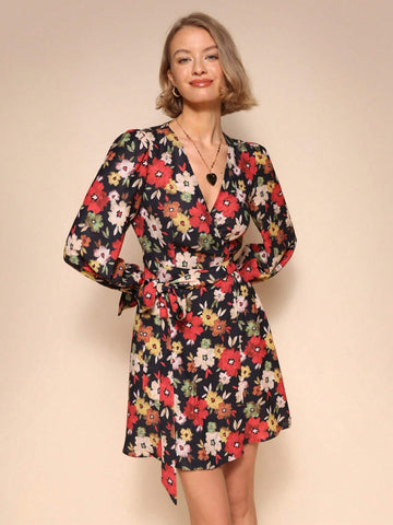 Almamuse 1pc Black Elegant Long Sleeve Vintage Print Open Front Tie Waist Dress