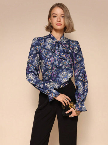1pc Elegant Tie Collar Floral Print Long Sleeve Shirt
