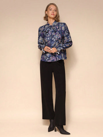 1pc Elegant Tie Collar Floral Print Long Sleeve Shirt