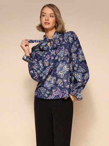 1pc Elegant Tie Collar Floral Print Long Sleeve Shirt