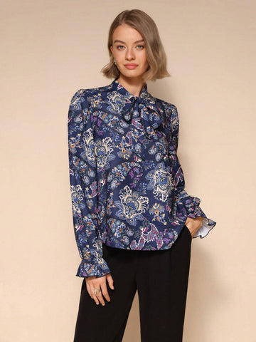 1pc Elegant Tie Collar Floral Print Long Sleeve Shirt