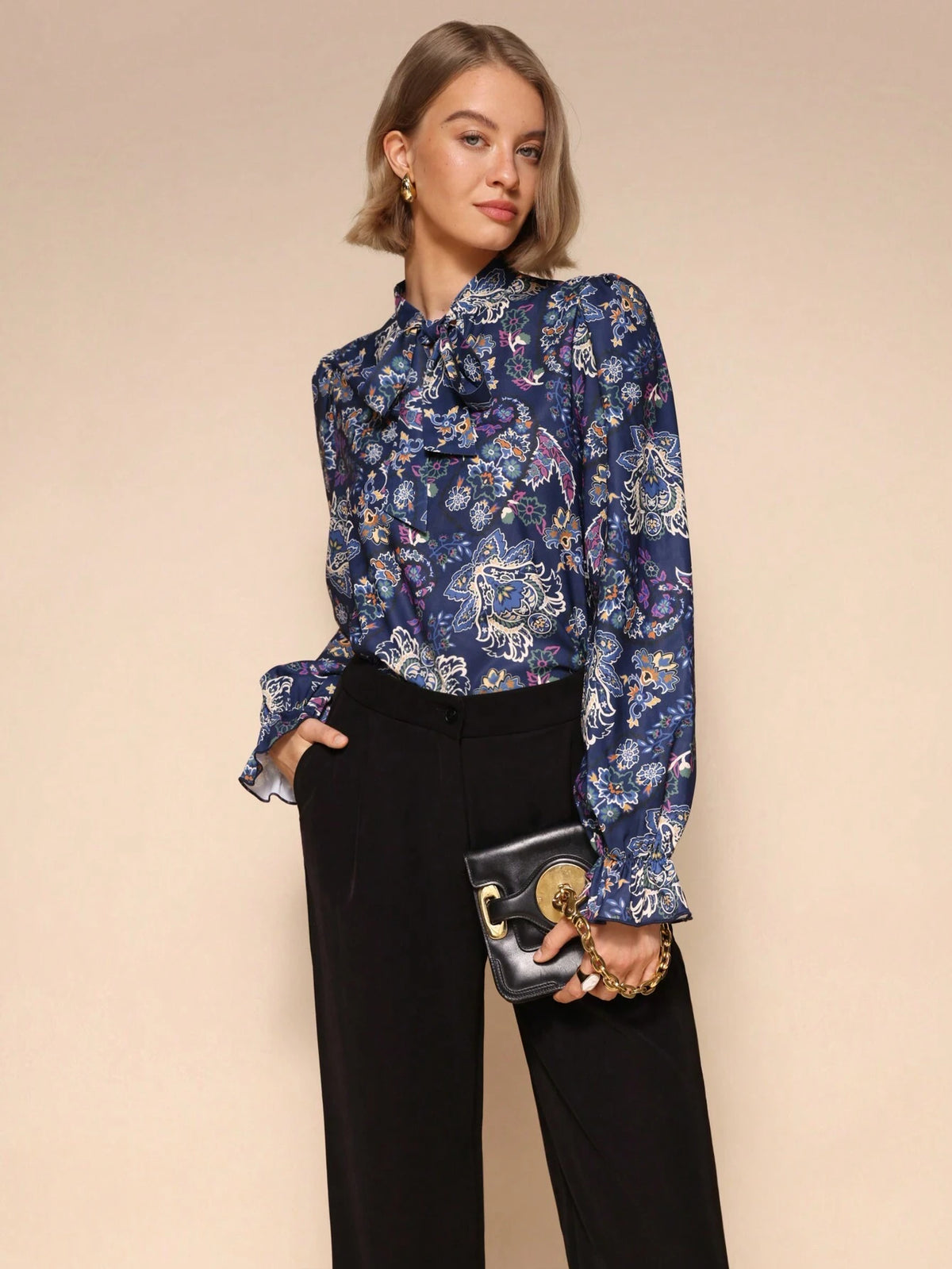 1pc Elegant Tie Collar Floral Print Long Sleeve Shirt