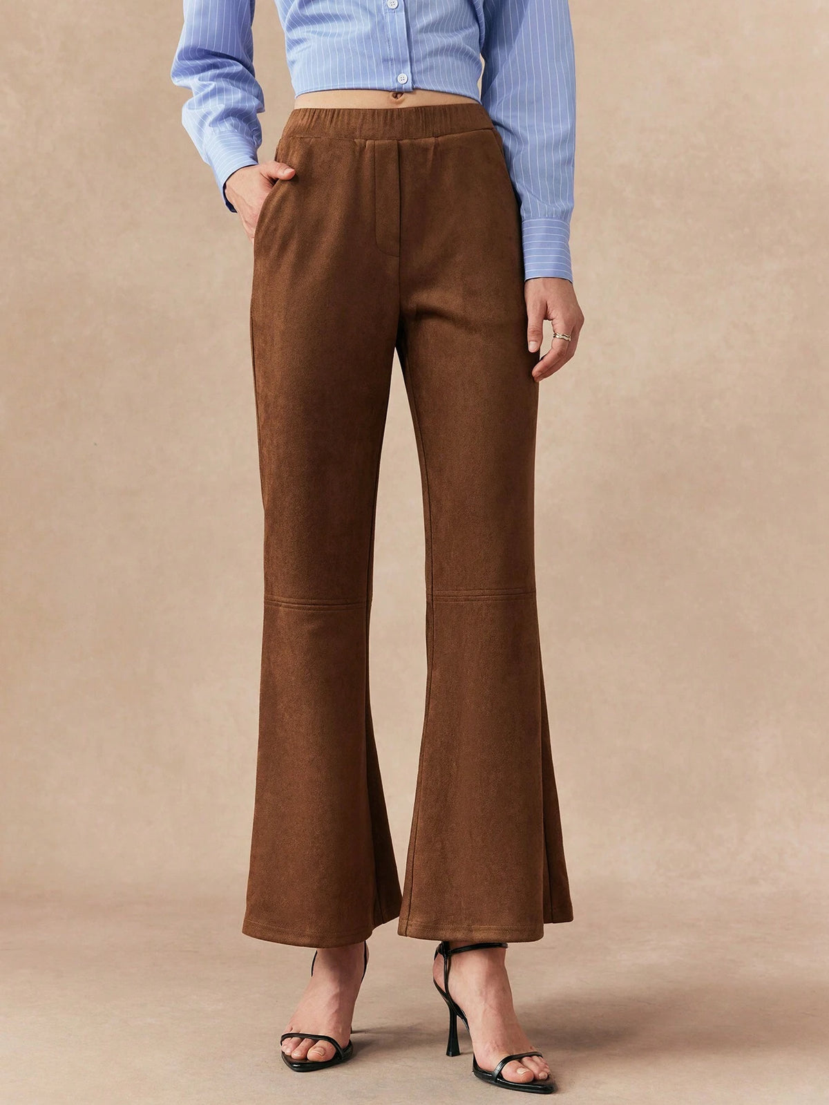 Almamuse 1pc Women Velvety Flared Leg Pants With Elastic Waist And Slanted Pockets