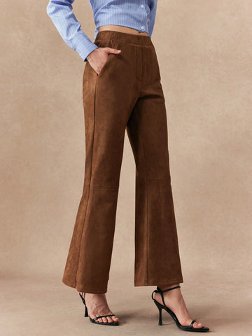 Almamuse 1pc Women Velvety Flared Leg Pants With Elastic Waist And Slanted Pockets