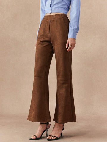 Almamuse 1pc Women Velvety Flared Leg Pants With Elastic Waist And Slanted Pockets