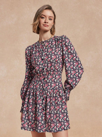 Almamuse 1pc Women's Ditsy Floral Waisted Lantern Sleeve Elegant Dress