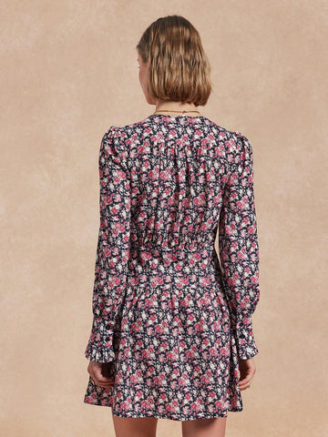 Almamuse 1pc Women's Ditsy Floral Waisted Lantern Sleeve Elegant Dress